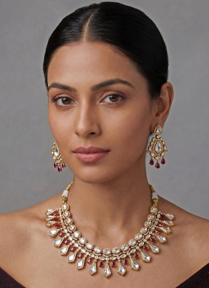 Zevar by Geeta Gold Finish Moissanite Necklace SetFabilicious Fashion