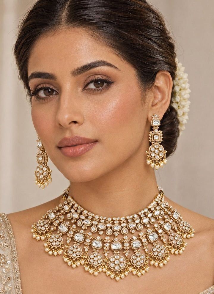 Zevar by Geeta Gold Finish Moissanite Necklace SetFabilicious Fashion