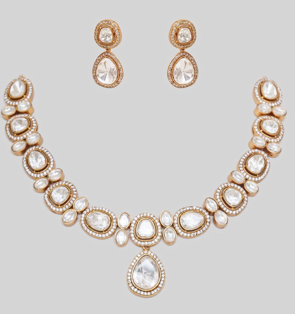 Gold Finish Moissanite Necklace Set Zevar By Geeta - Fabilicious Fashion