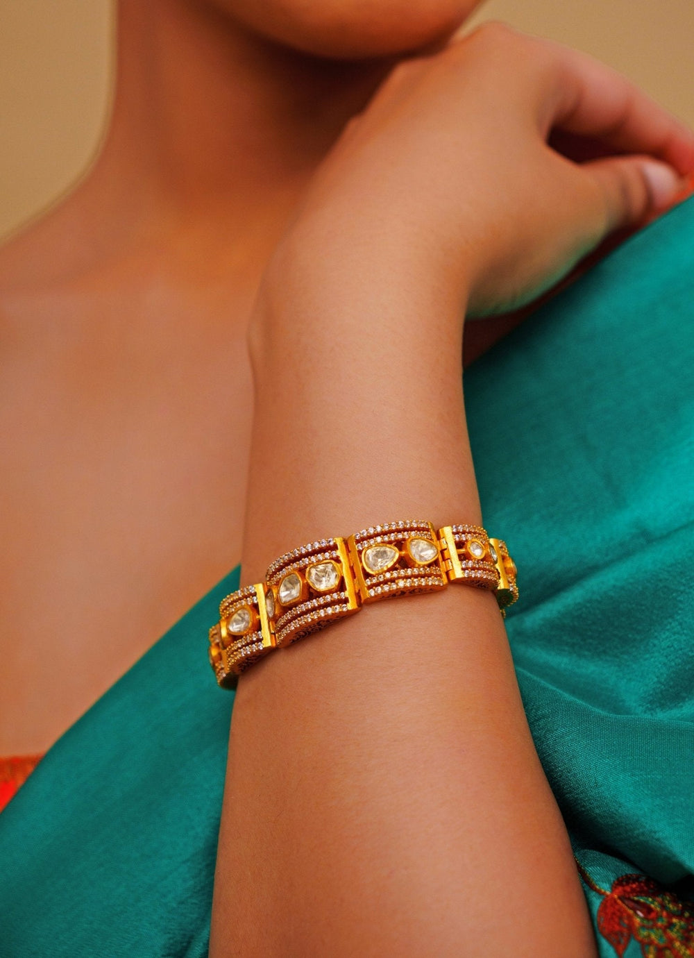 Gold Finish Moissanite Polki Bracelet Zevar by Geeta - Fabilicious Fashion