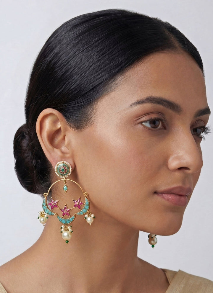 Gold Finish Multicolor Kundan Chandbaali Zevar by Geeta - Fabilicious Fashion