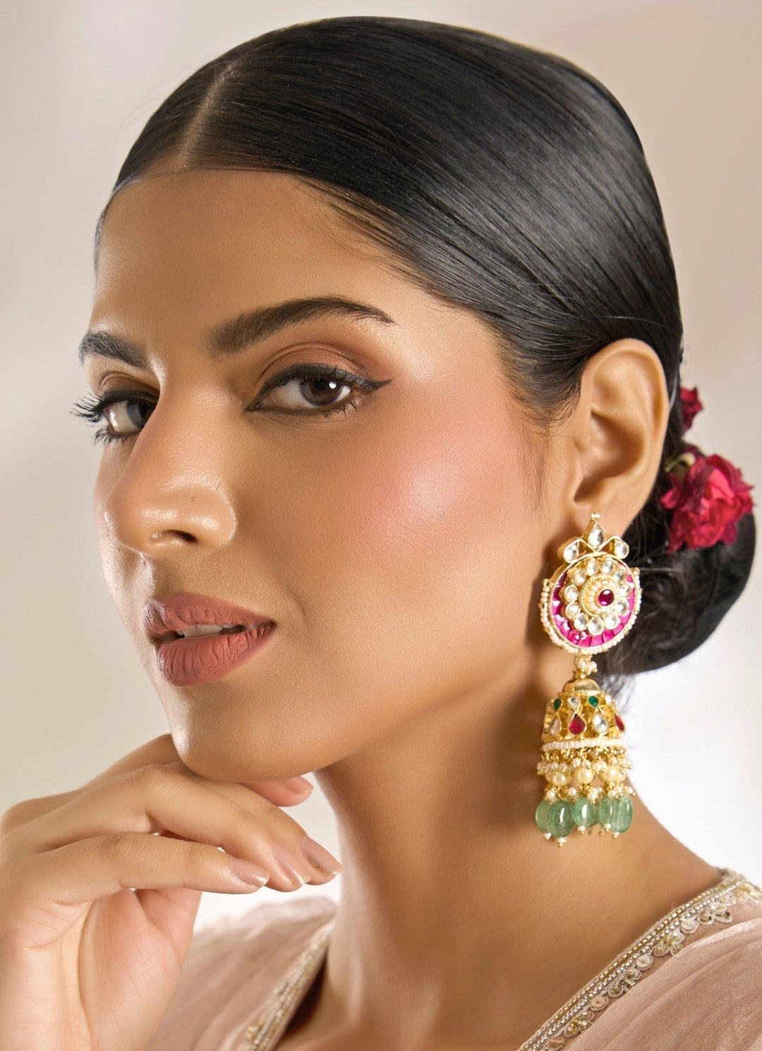 Gold Finish Pink And Green Stone Jhumka Earrings Vivinia By Vidhi Mehra - Fabilicious Fashion