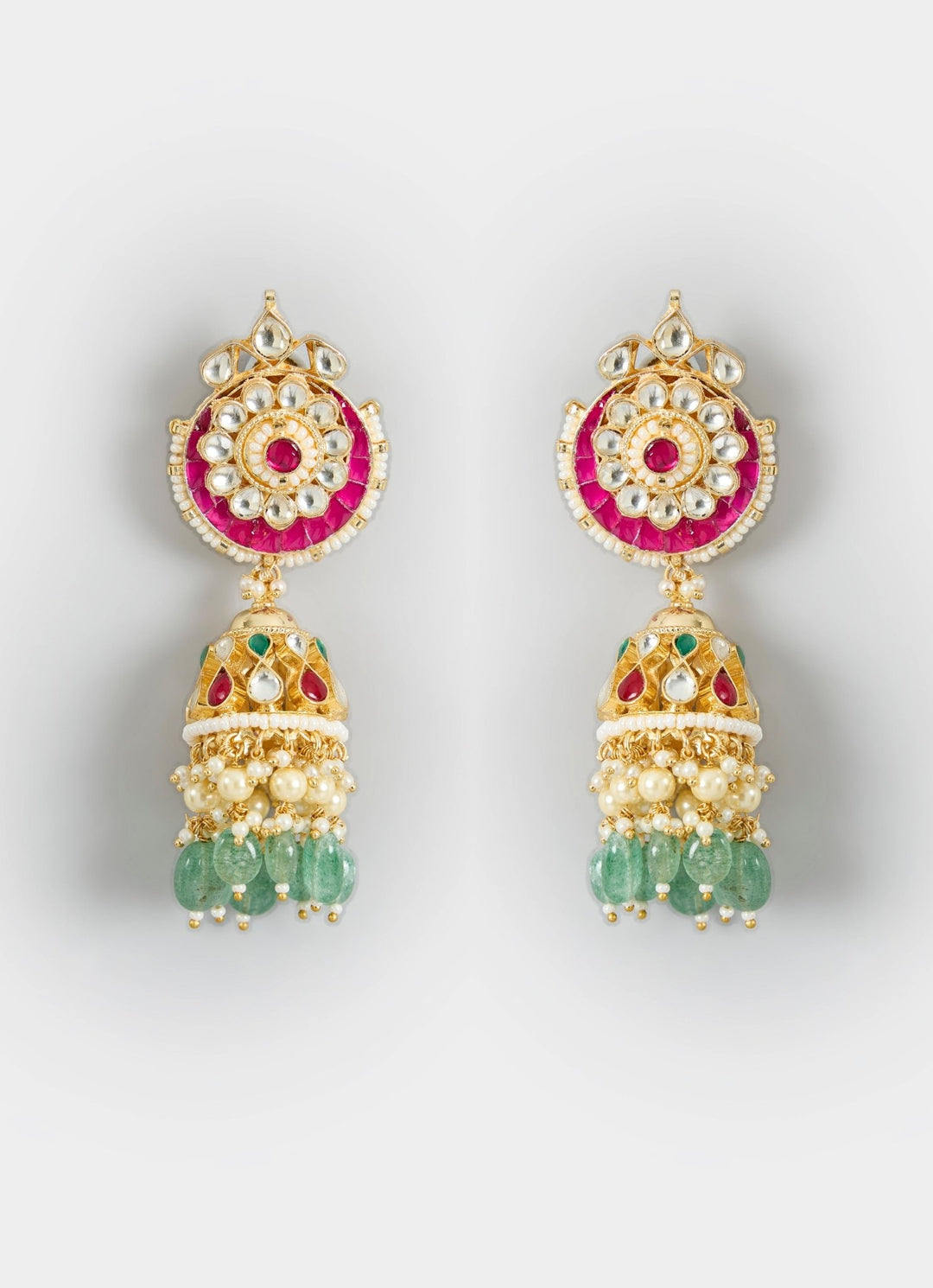 Gold Finish Pink And Green Stone Jhumka Earrings Vivinia By Vidhi Mehra - Fabilicious Fashion