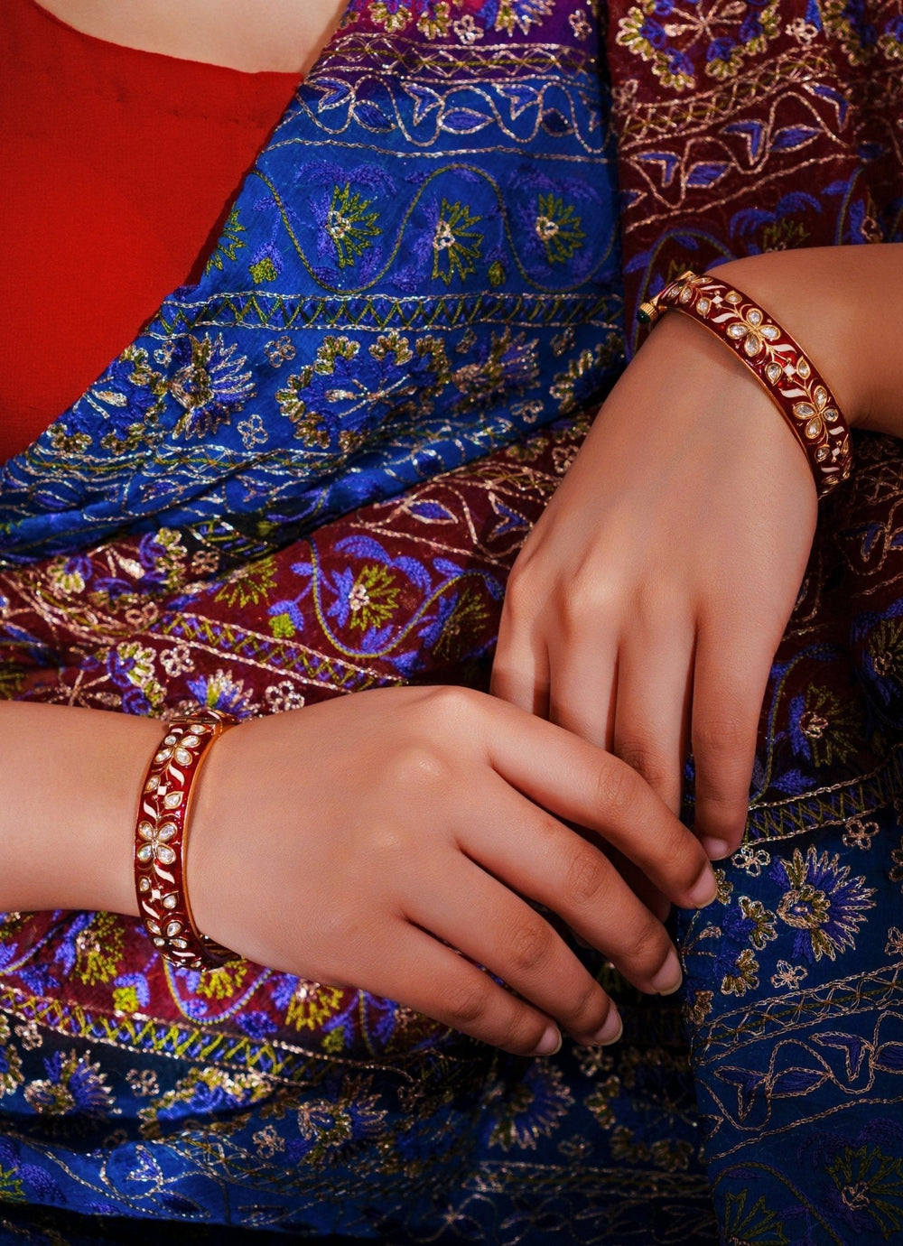 Gold Finish Red Floral Meenakari Kadas Zevar by Geeta - Fabilicious Fashion