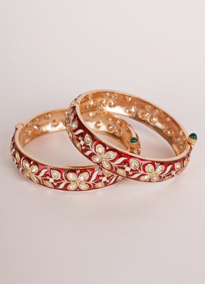 Gold Finish Red Floral Meenakari Kadas Zevar by Geeta - Fabilicious Fashion