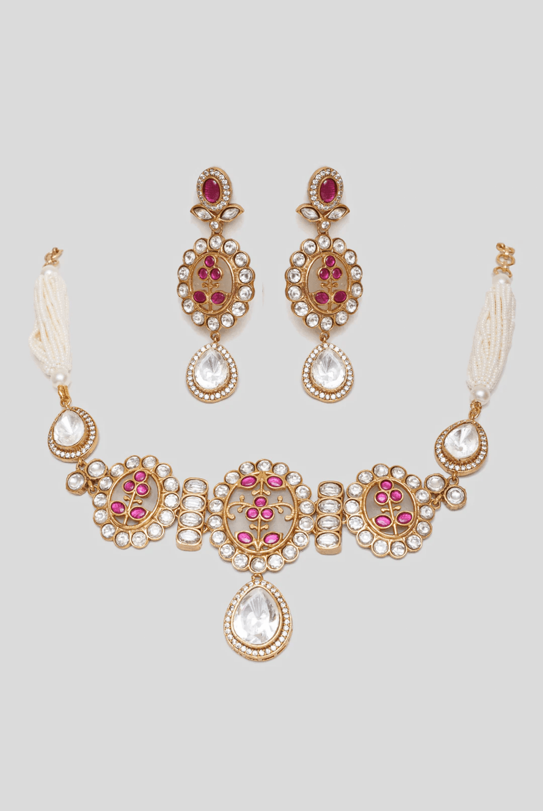 Gold Finish Rose Pink Stone Necklace Set Zevar By Geeta - Fabilicious Fashion