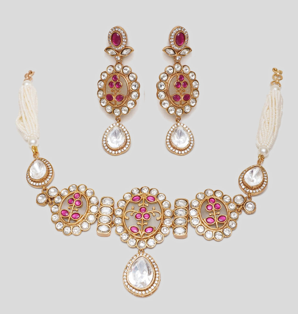 Gold Finish Rose Pink Stone Necklace Set Zevar By Geeta - Fabilicious Fashion