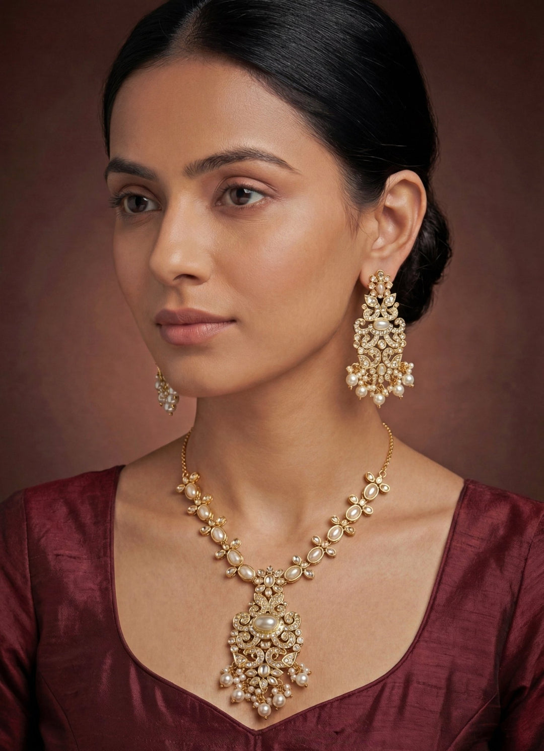 Zevar by Geeta Gold Finish Traditional Jadau Necklace SetFabilicious Fashion
