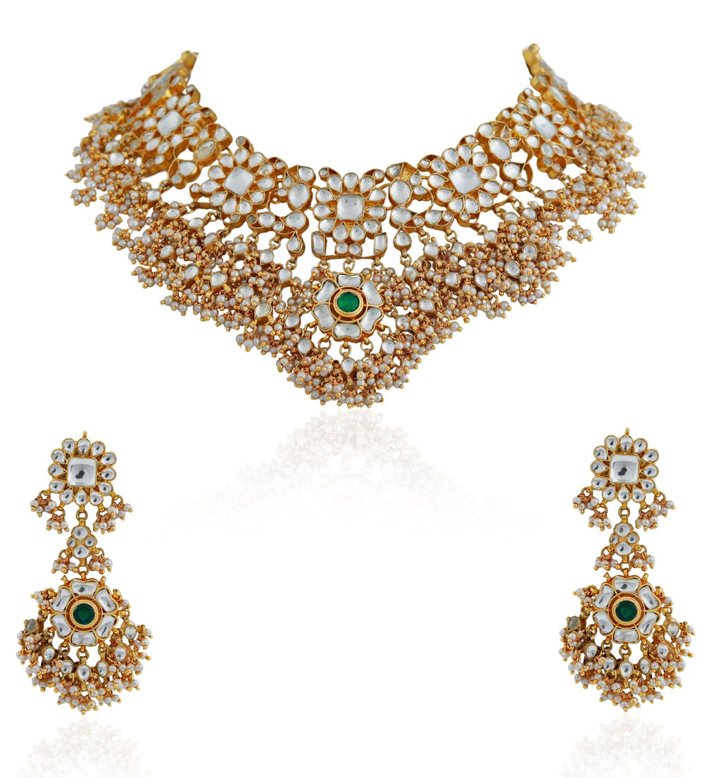 Gold Finish White Hangings Necklace Set Riana by Shikha Jindal - Fabilicious Fashion