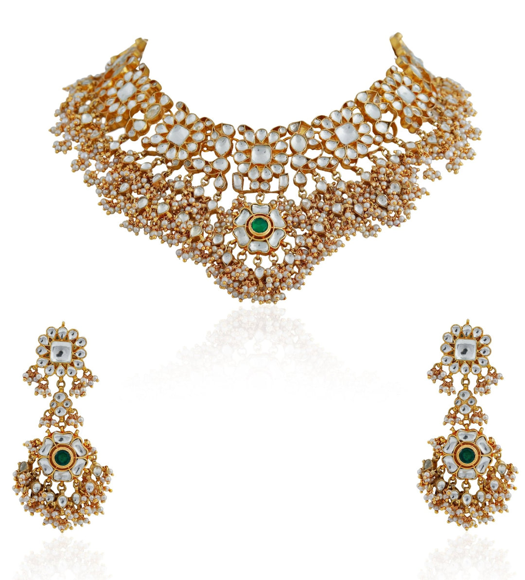Gold Finish White Hangings Necklace Set Riana by Shikha Jindal - Fabilicious Fashion