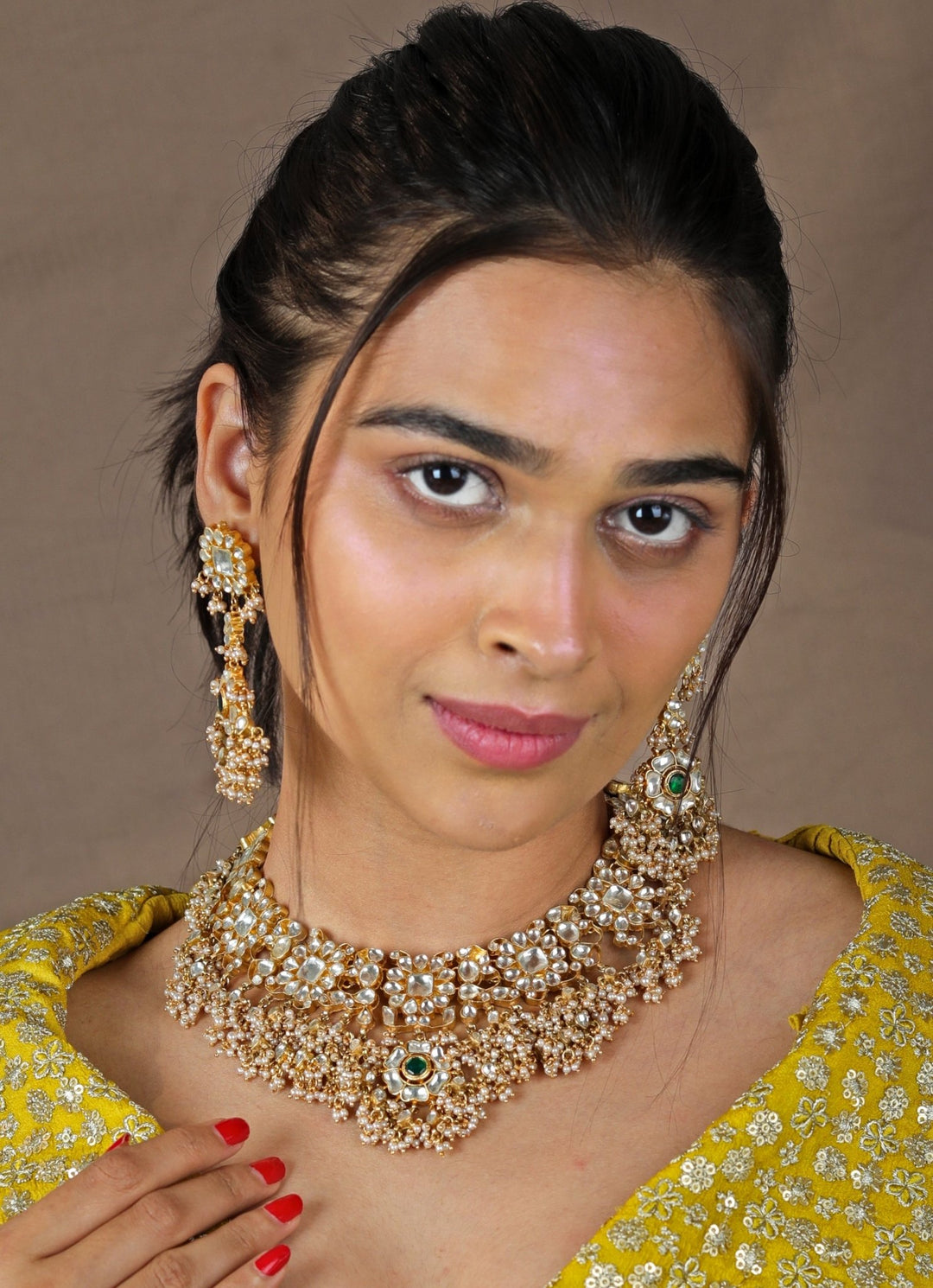 Gold Finish White Hangings Necklace Set Riana by Shikha Jindal - Fabilicious Fashion