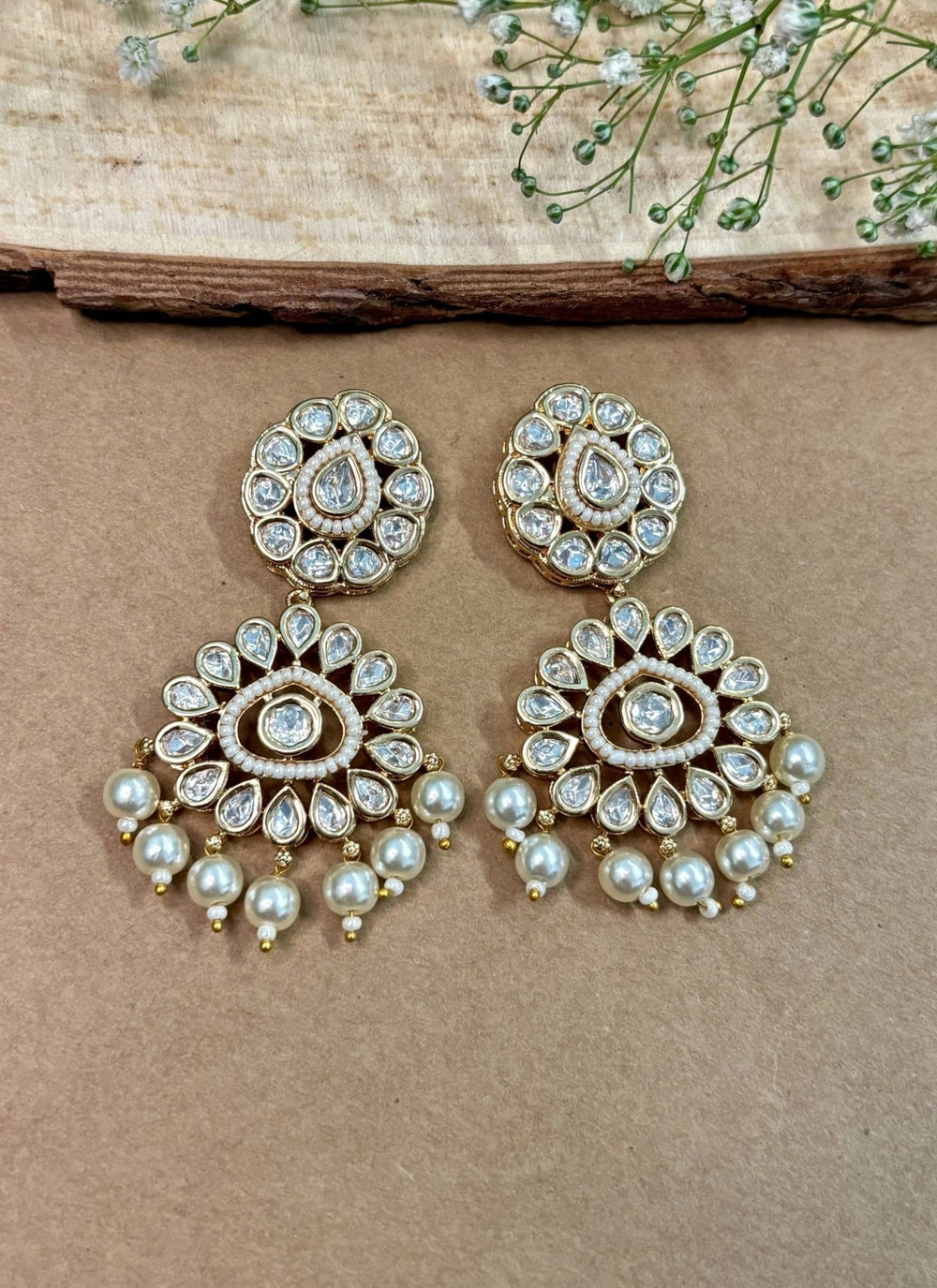 Naymee Gold Floral Kundan Dangler EarringsFabilicious Fashion