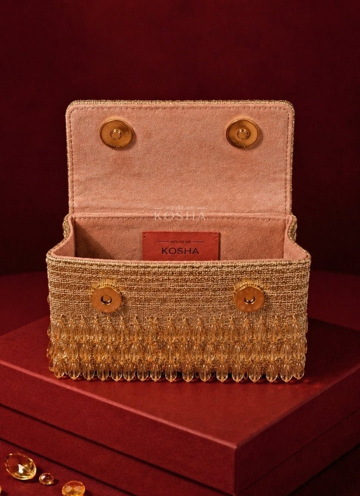 House of Kosha Gold Georgette Crystal Embellished Mini BagFabilicious Fashion