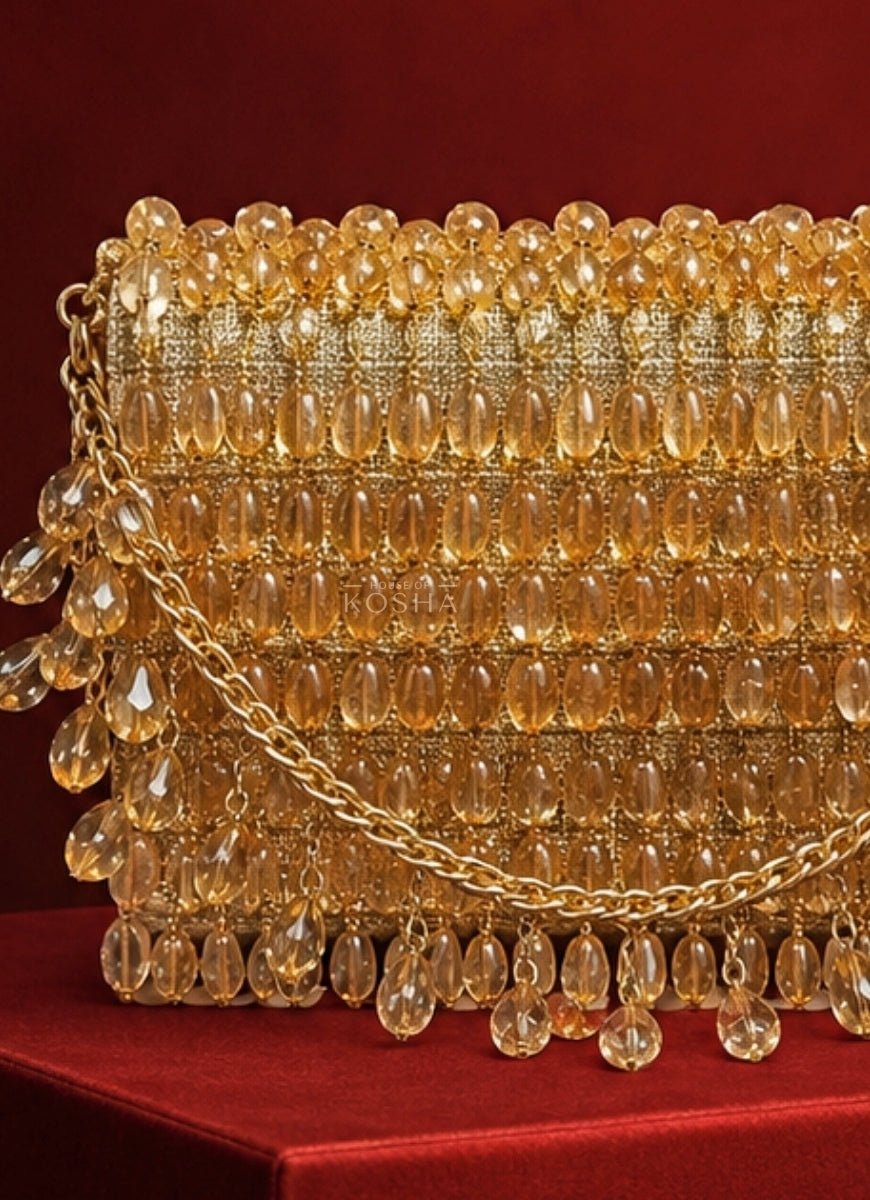 House of Kosha Gold Georgette Crystal Embellished Mini BagFabilicious Fashion