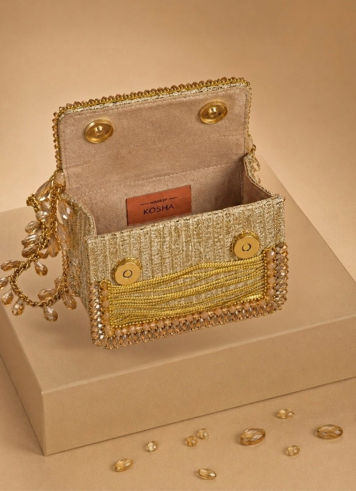 House of Kosha Gold Georgette Embellished Mini BagFabilicious Fashion