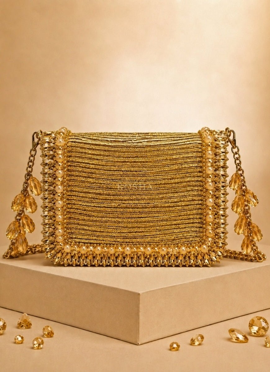 House of Kosha Gold Georgette Embellished Mini BagFabilicious Fashion
