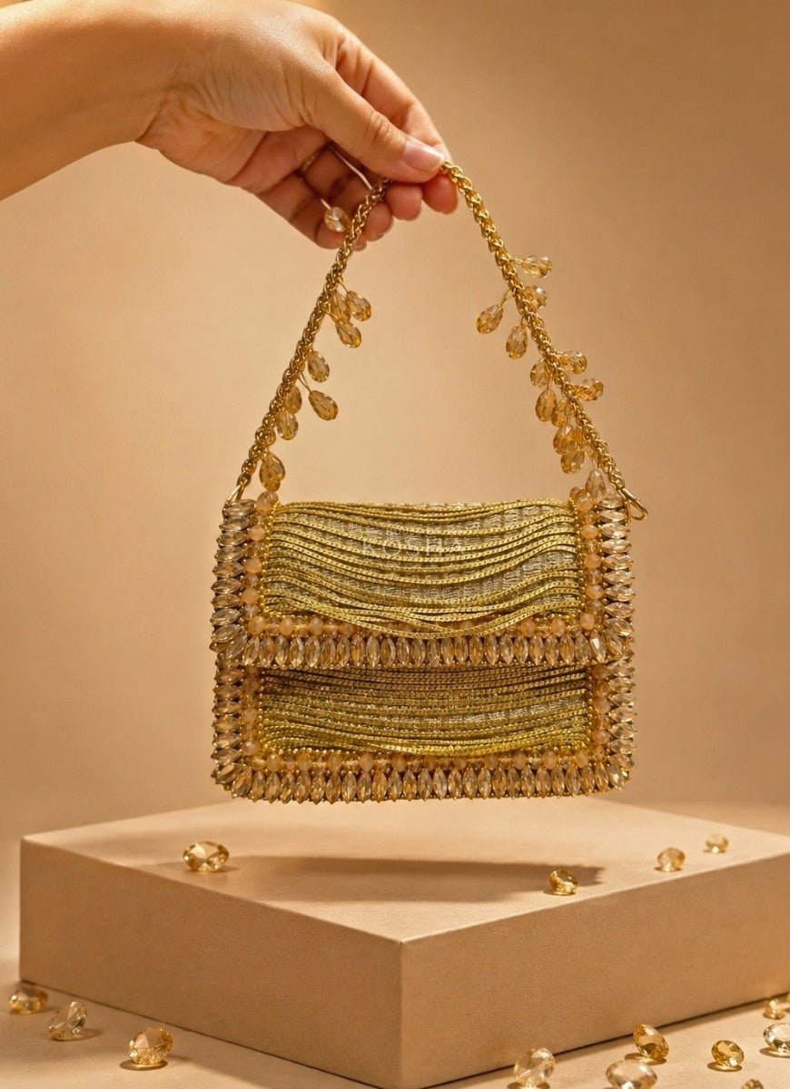 House of Kosha Gold Georgette Embellished Mini BagFabilicious Fashion