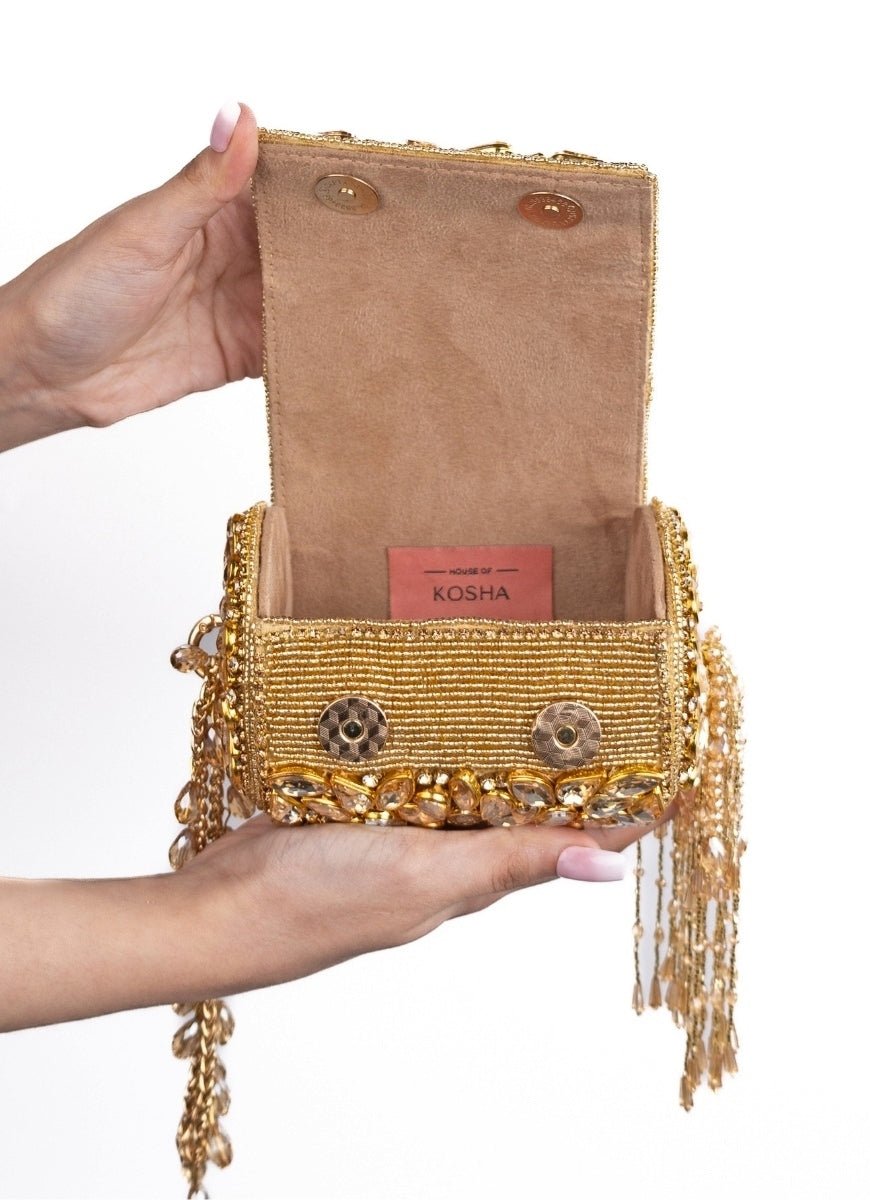 Gold Georgette Embellished Mini Cylinder Bag House of Kosha - Fabilicious Fashion