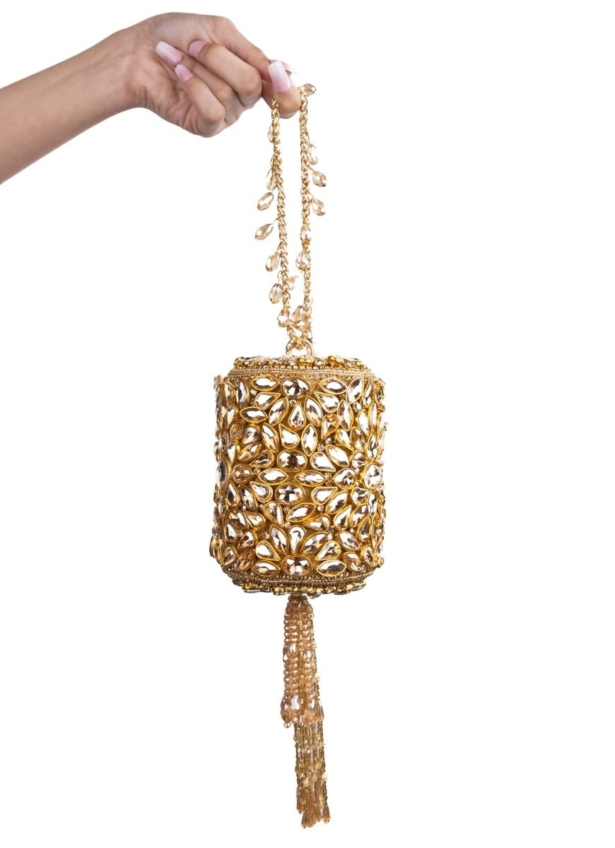 Gold Georgette Embellished Mini Cylinder Bag House of Kosha - Fabilicious Fashion