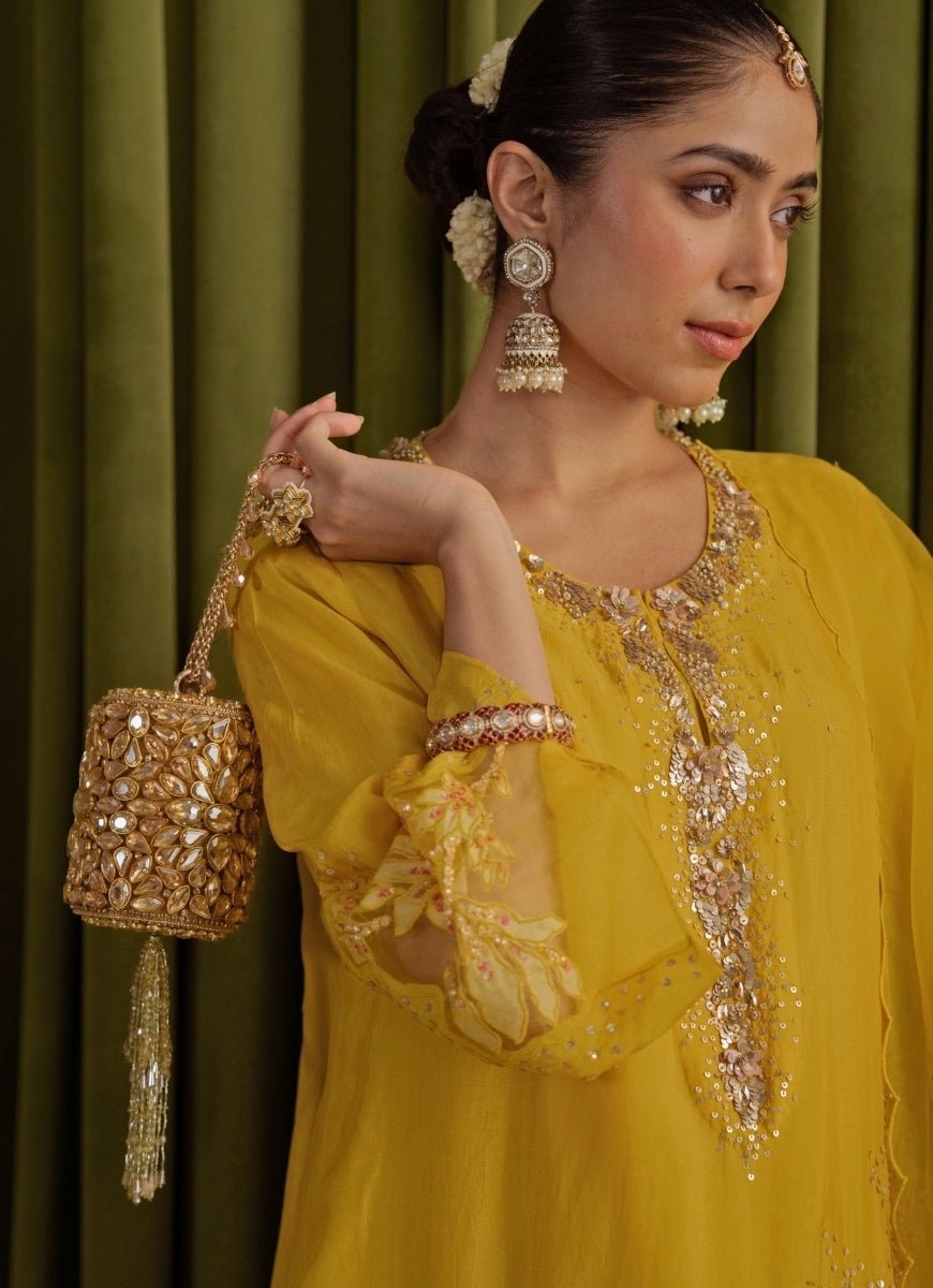 Gold Georgette Embellished Mini Cylinder Bag House of Kosha - Fabilicious Fashion