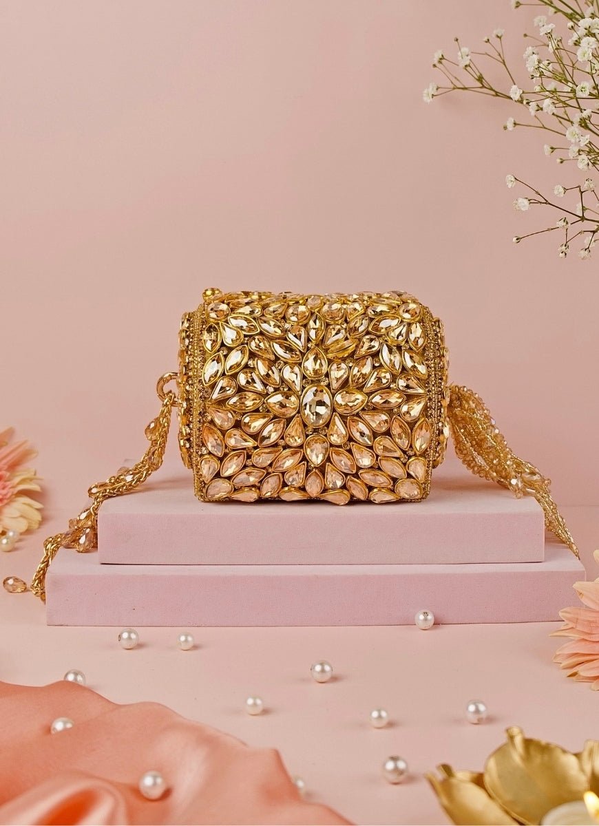 Gold Georgette Embellished Mini Cylinder Bag House of Kosha - Fabilicious Fashion