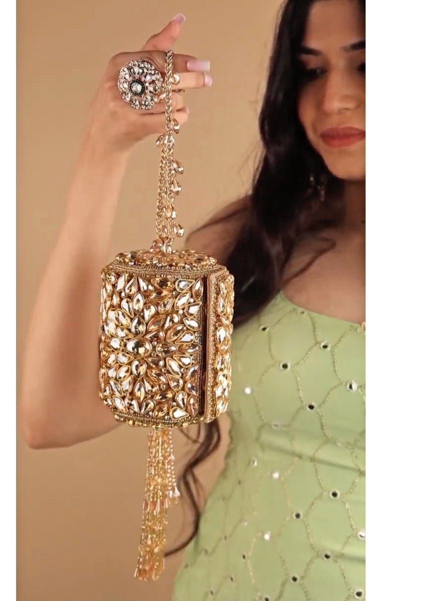 Gold Georgette Embellished Mini Cylinder Bag House of Kosha - Fabilicious Fashion