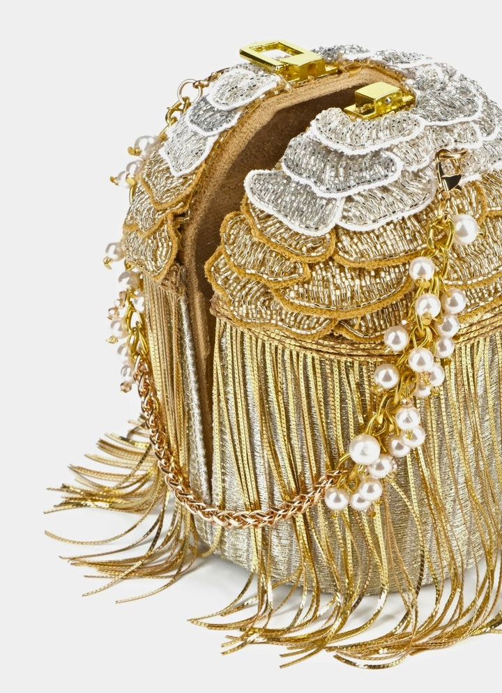 Gold Georgette Handcrafted Bucket Bag House of Kosha - Fabilicious Fashion