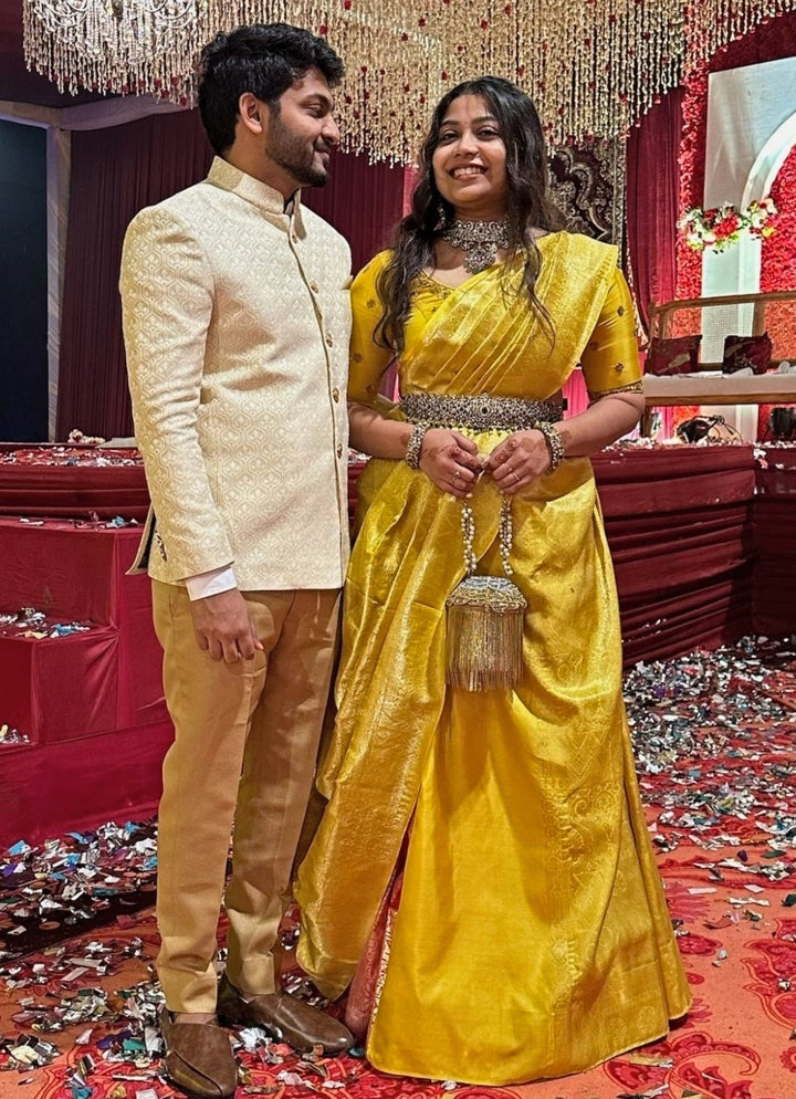 Gold Georgette Handcrafted Bucket Bag House of Kosha - Fabilicious Fashion