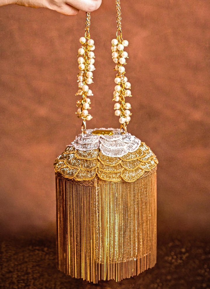 Gold Georgette Handcrafted Bucket Bag House of Kosha - Fabilicious Fashion