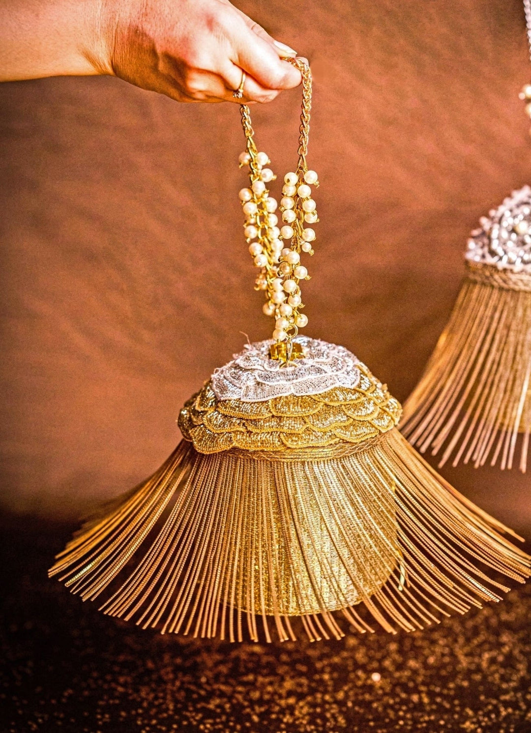 Gold Georgette Handcrafted Bucket Bag House of Kosha - Fabilicious Fashion