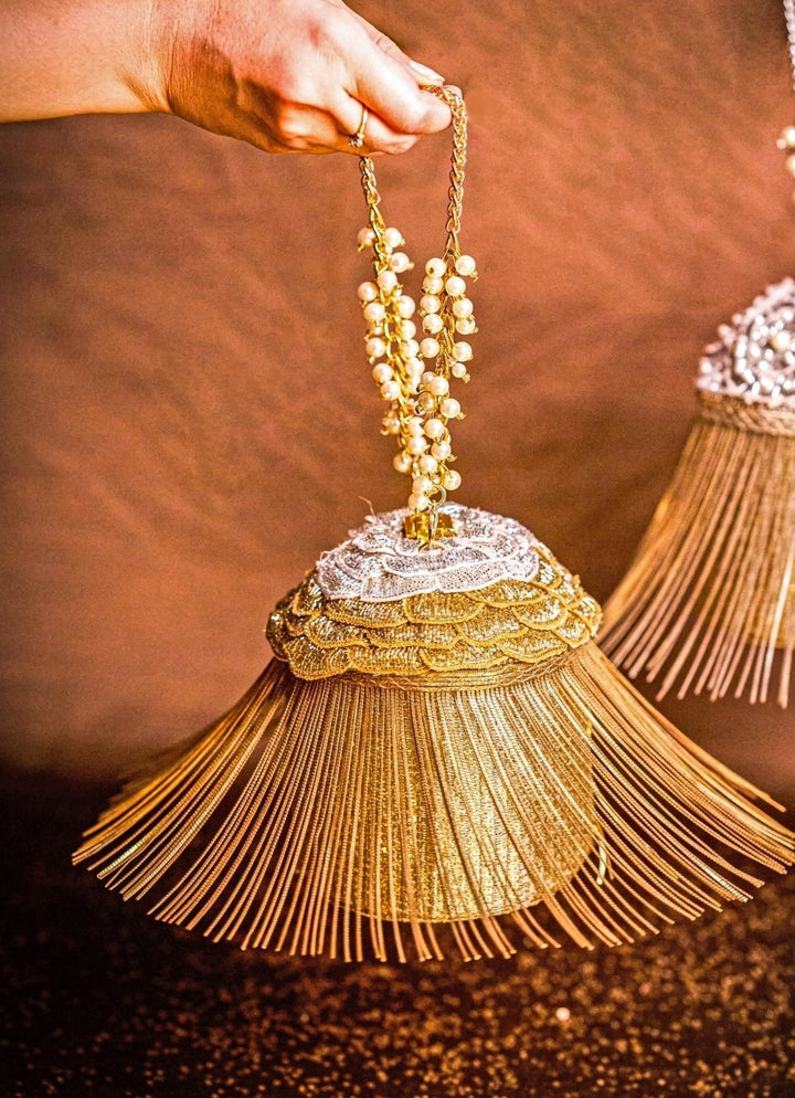 Gold Georgette Handcrafted Bucket Bag House of Kosha - Fabilicious Fashion