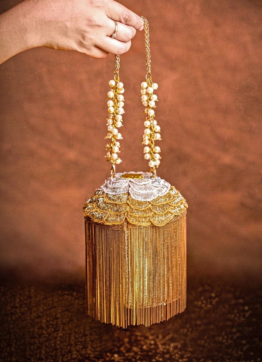 Gold Georgette Handcrafted Bucket Bag House of Kosha - Fabilicious Fashion