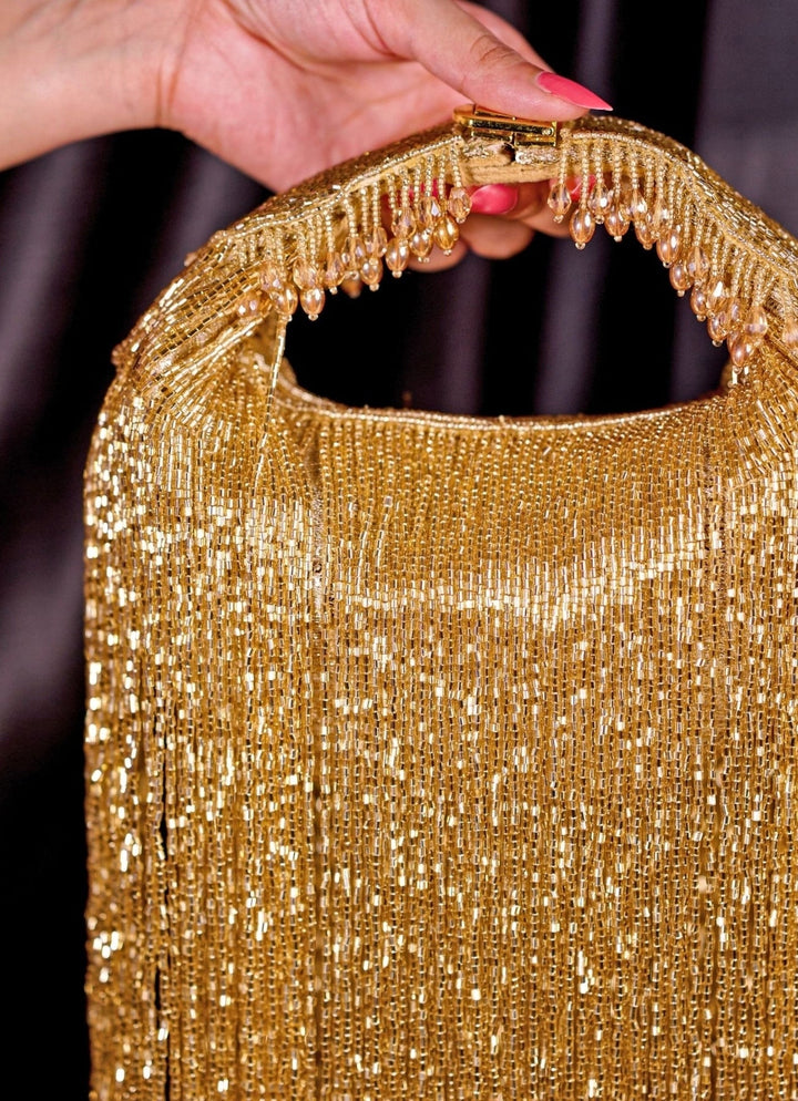 Gold Georgette Handcrafted Hand Bag House of Kosha - Fabilicious Fashion