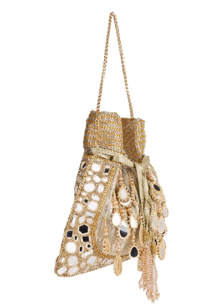 Gold Georgette Mirror Handcrafted Potli House of Kosha - Fabilicious Fashion