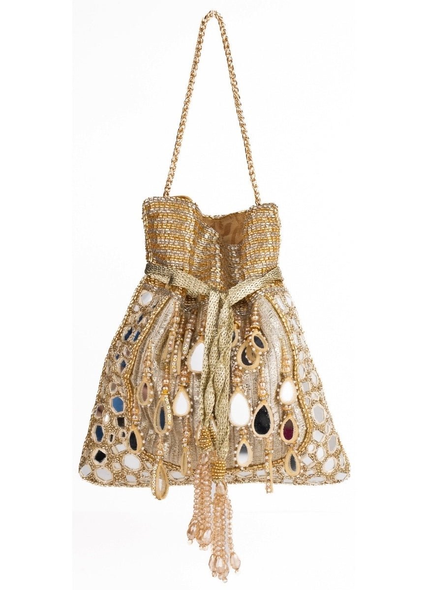 Gold Georgette Mirror Handcrafted Potli House of Kosha - Fabilicious Fashion