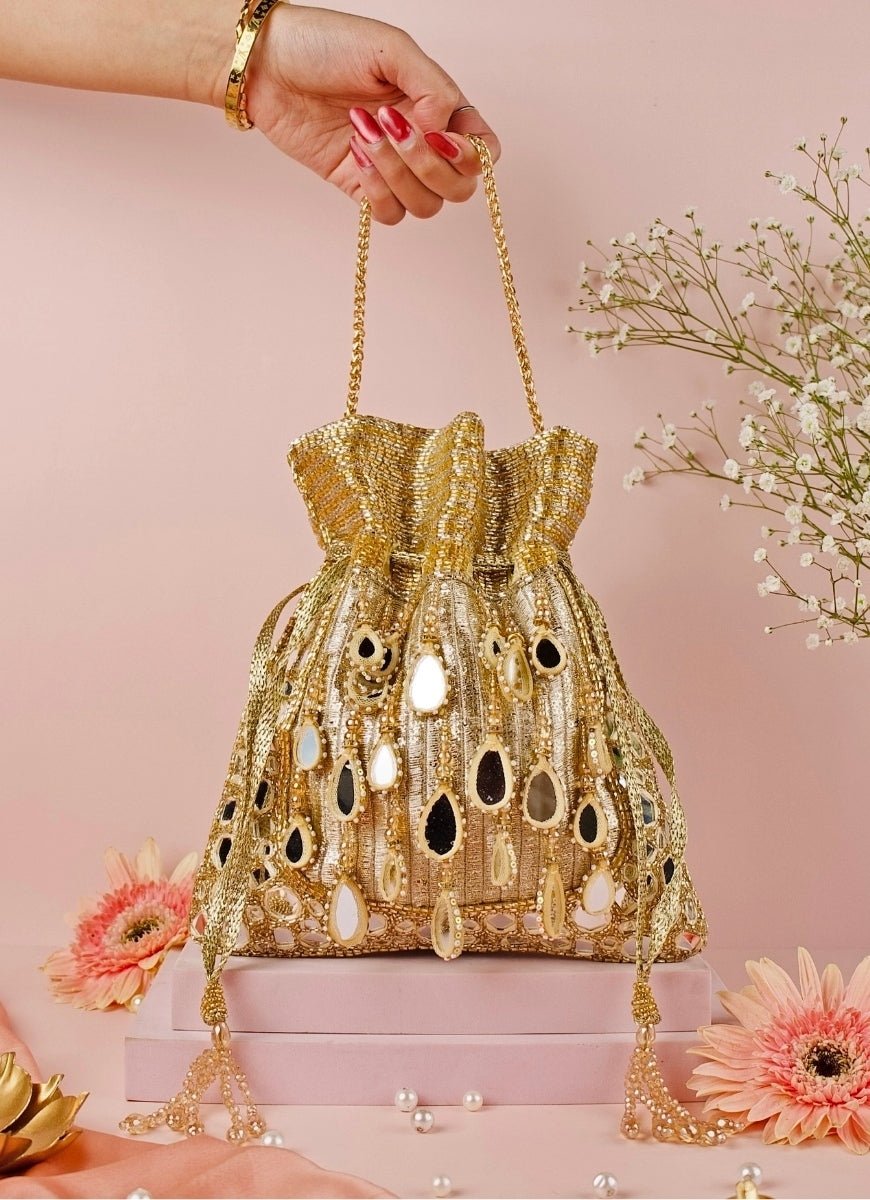 Gold Georgette Mirror Handcrafted Potli House of Kosha - Fabilicious Fashion