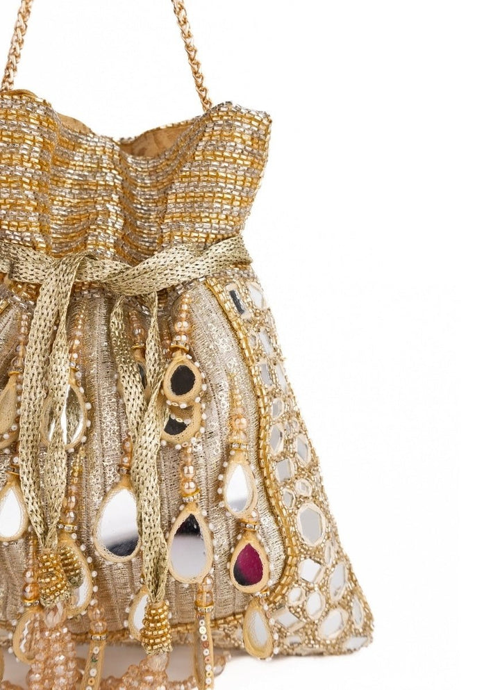 Gold Georgette Mirror Handcrafted Potli House of Kosha - Fabilicious Fashion