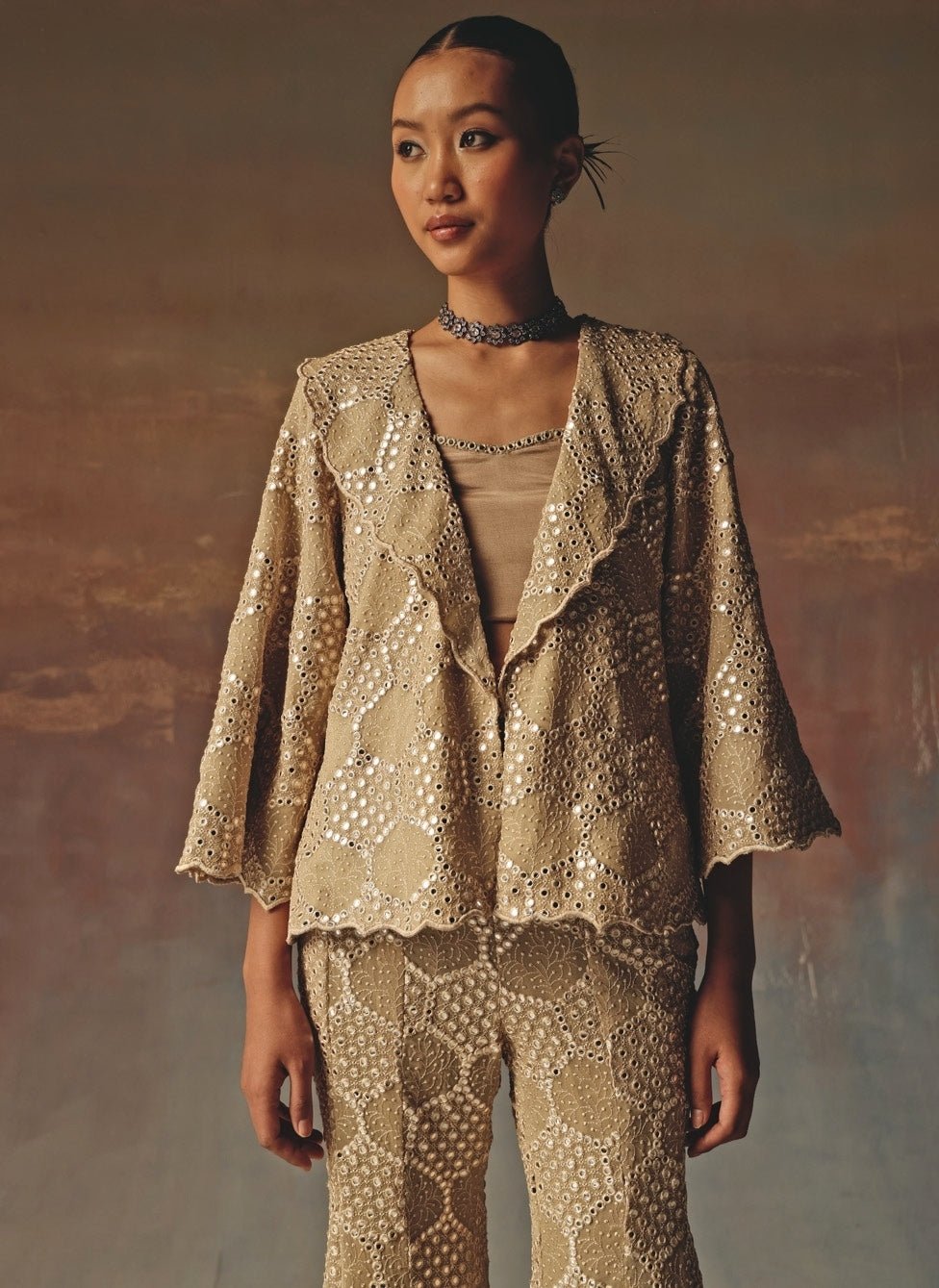 Twenty Nine Gold Georgette Mirrorwork Blazer PantsFabilicious Fashion