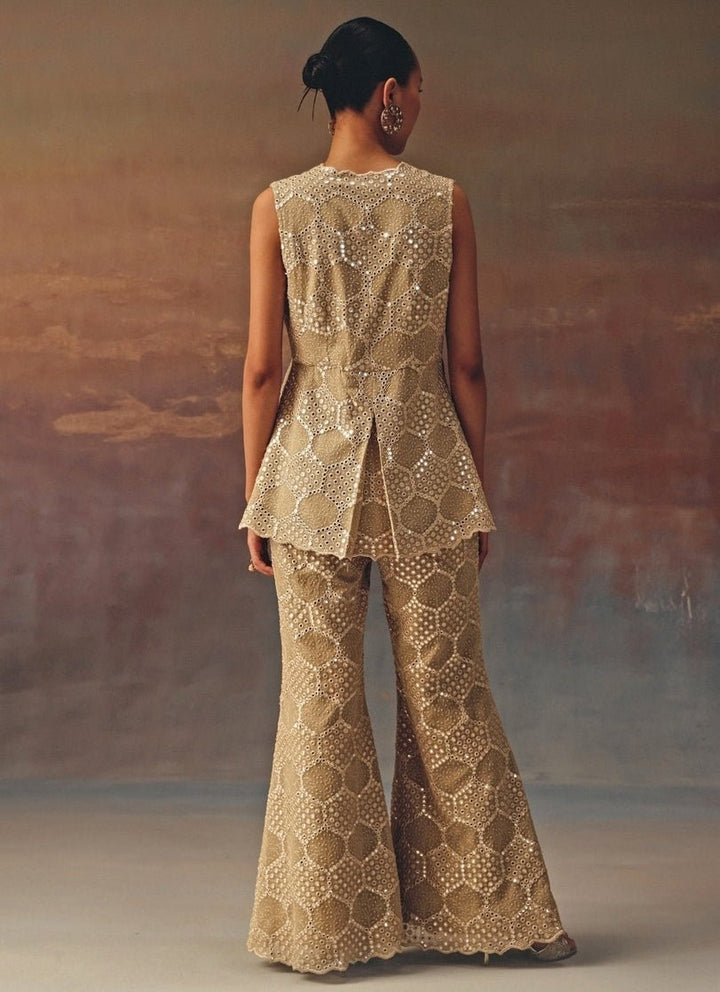 Twenty Nine Gold Georgette Mirrorwork Peplum Top And PantsFabilicious Fashion