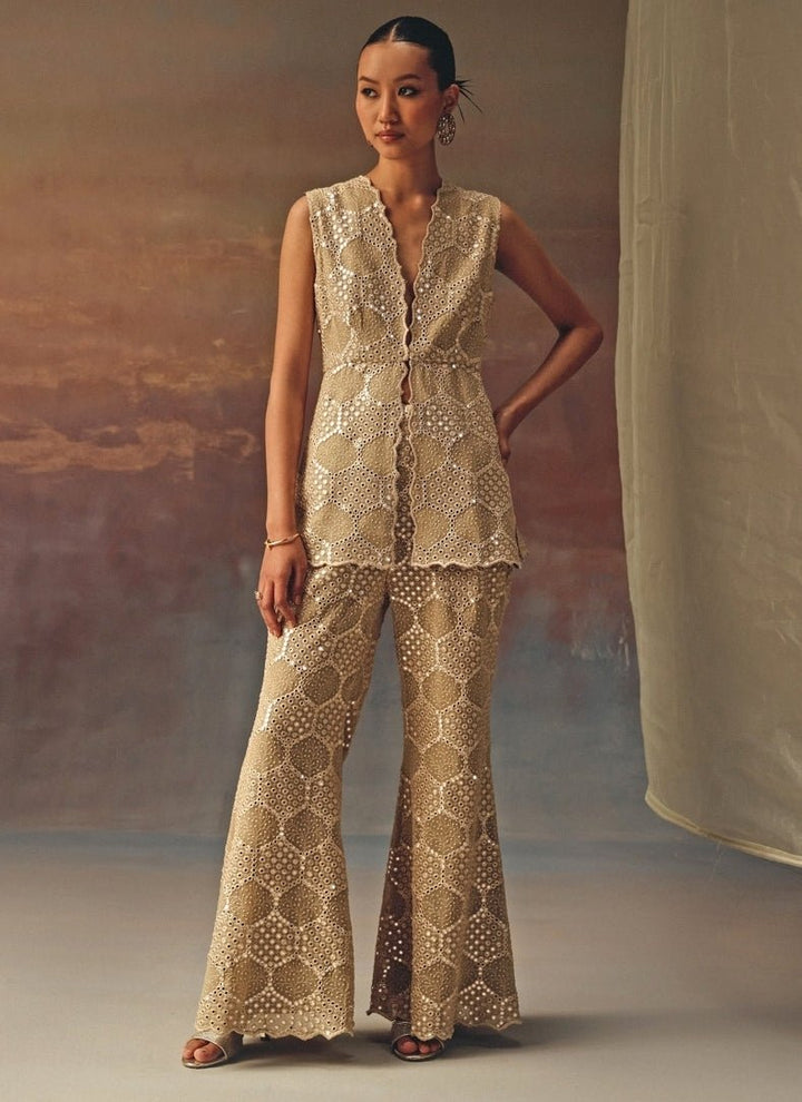 Twenty Nine Gold Georgette Mirrorwork Peplum Top And PantsFabilicious Fashion