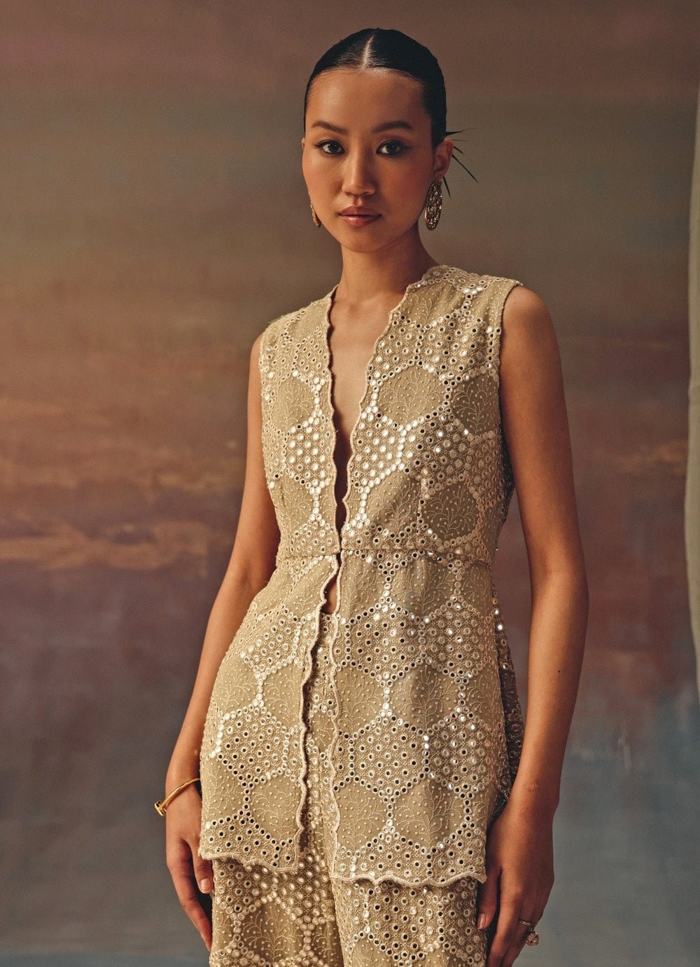 Twenty Nine Gold Georgette Mirrorwork Peplum Top And PantsFabilicious Fashion