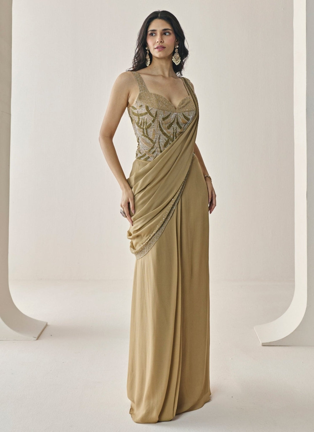 Seema Thukral Gold Georgette Pre-Draped Saree With CorsetFabilicious Fashion