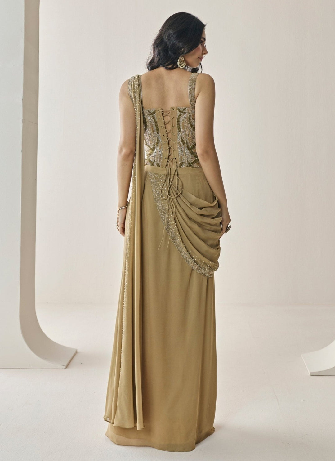 Seema Thukral Gold Georgette Pre-Draped Saree With CorsetFabilicious Fashion