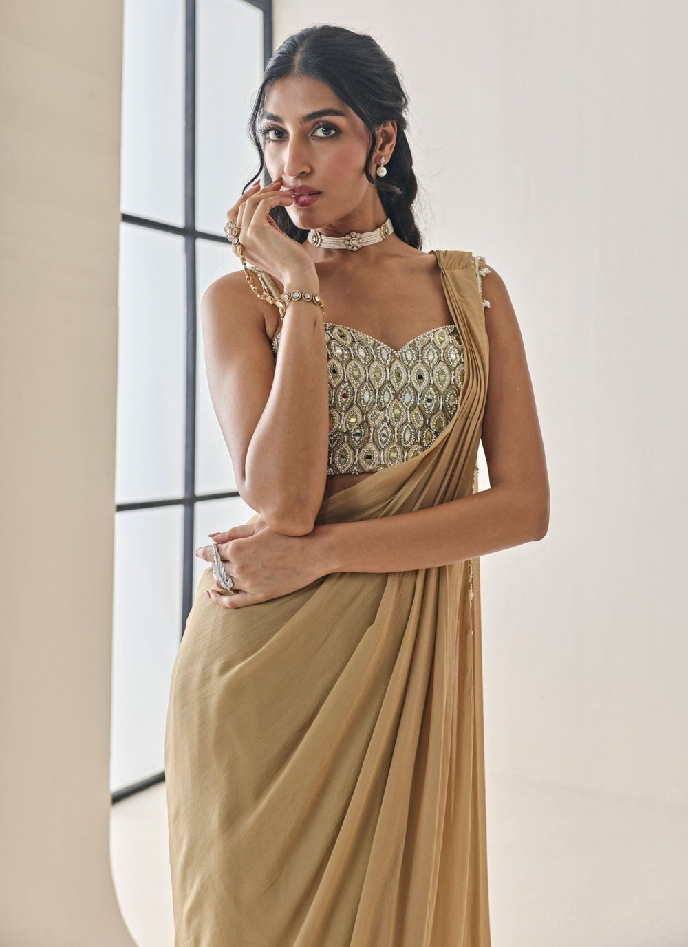 Seema Thukral Gold Georgette Pre-Draped SareeFabilicious Fashion