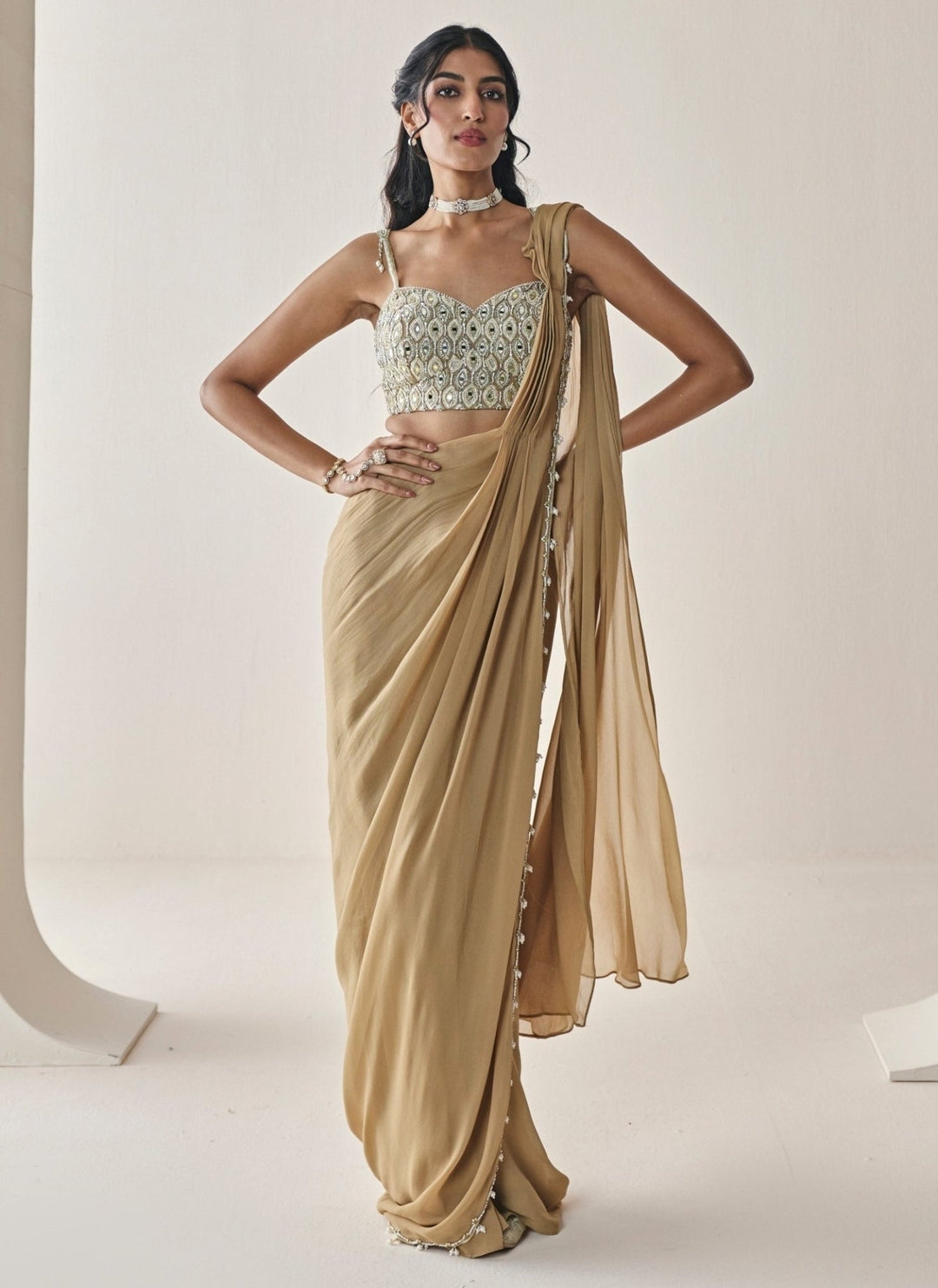 Seema Thukral Gold Georgette Pre-Draped SareeFabilicious Fashion