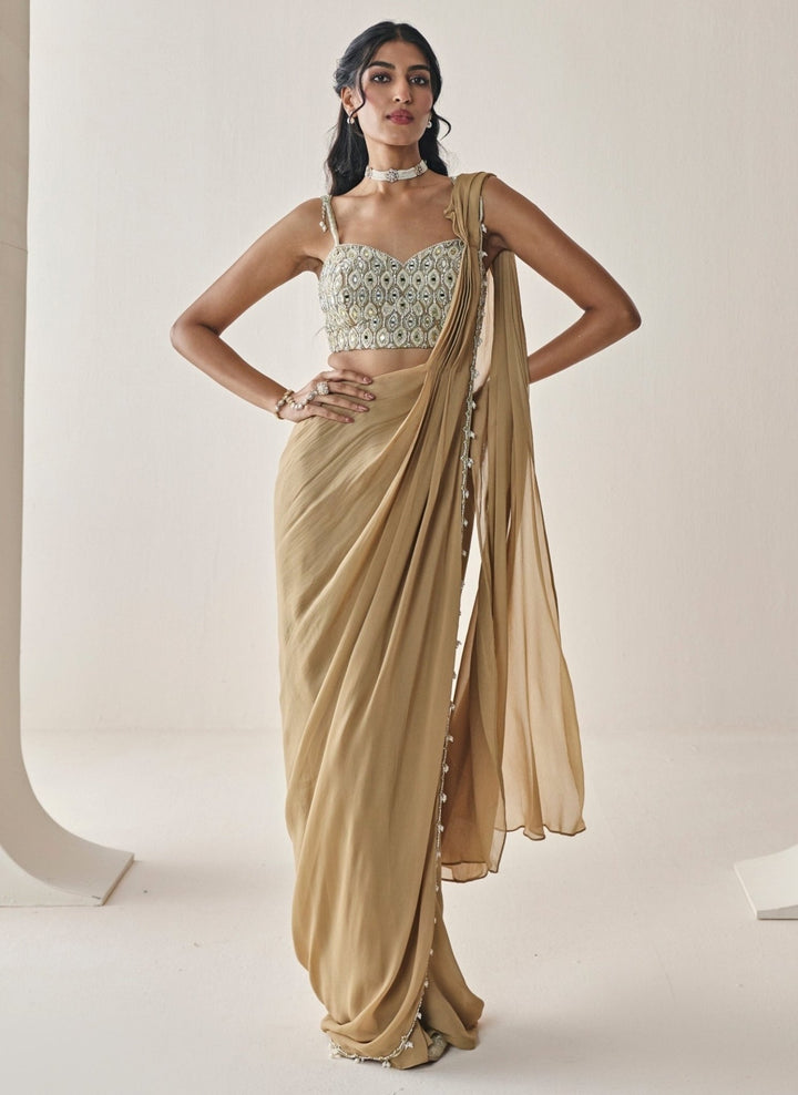 Seema Thukral Gold Georgette Pre-Draped SareeFabilicious Fashion