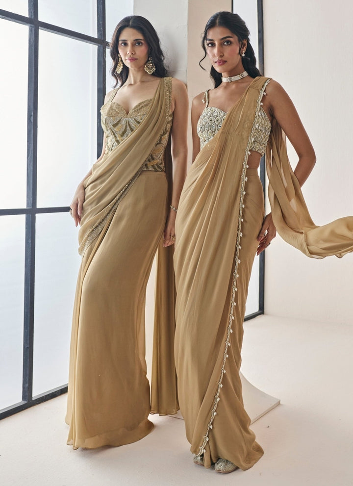 Seema Thukral Gold Georgette Pre-Draped SareeFabilicious Fashion