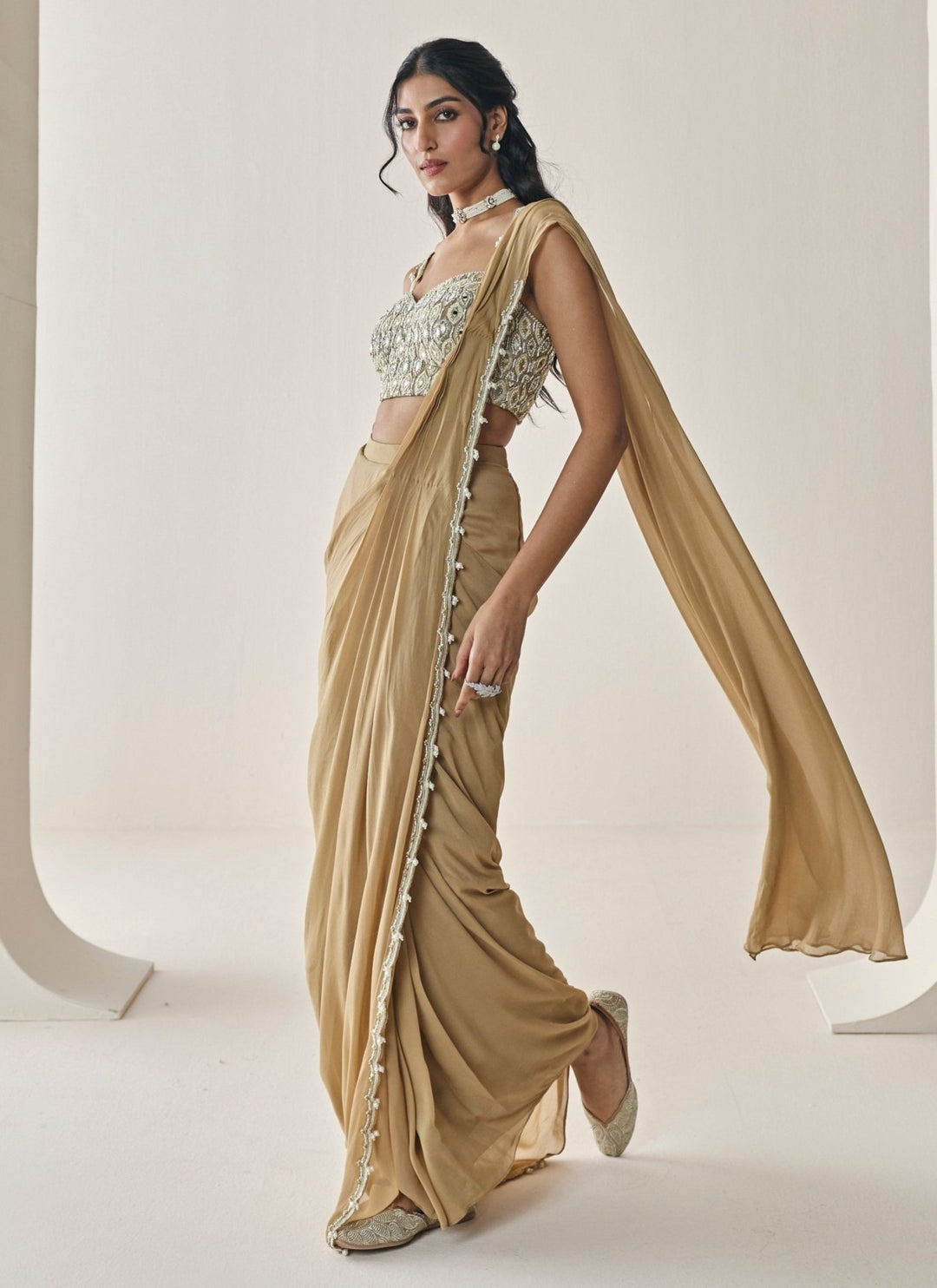Seema Thukral Gold Georgette Pre-Draped SareeFabilicious Fashion