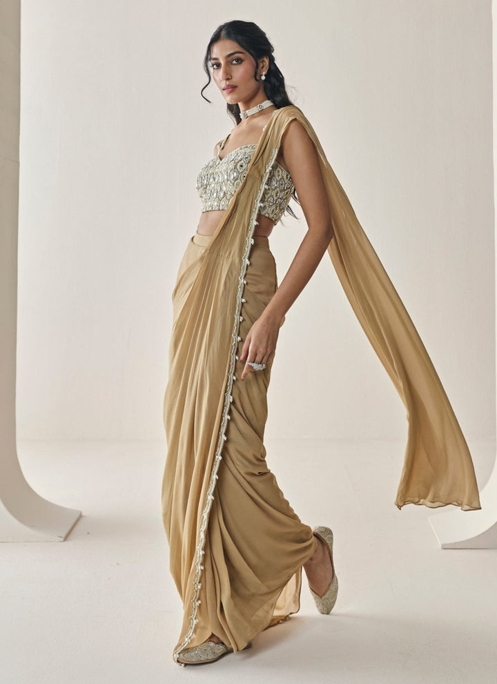 Seema Thukral Gold Georgette Pre-Draped SareeFabilicious Fashion