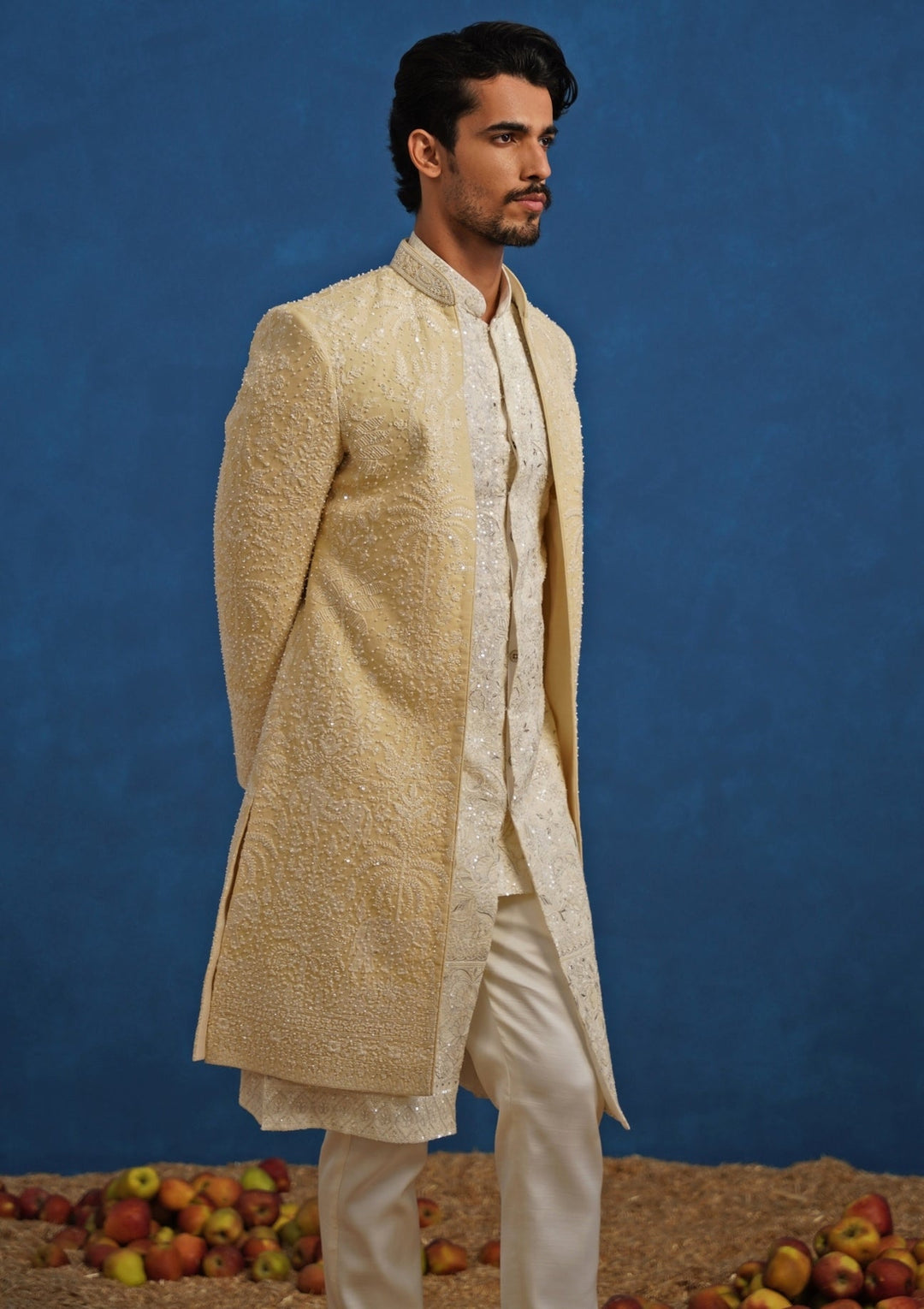 Gold Georgette Sherwani Set Kalpraag - Fabilicious Fashion